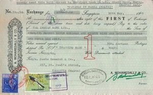 SINGAPORE - MALTA 1969, BILL OF EXCHANGE WITH POSTAGE STAMPS AS REVENUES. #D59 - Picture 1 of 1