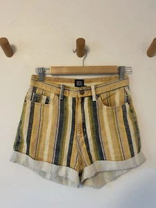 EUC BDG Urban Outfitters HR Striped Rolled Denim Shorts Yellow Blue Sz 26 - Picture 1 of 8