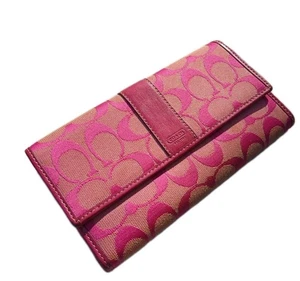 AUTHENTISCHE COACH SIGNATURE DAMEN DREIFACH FALTBARE GELDBÖRSE LEDER CANVAS KARTEN PINK  - Bild 1 von 13