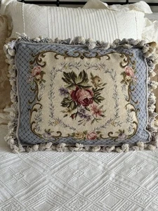Vintage Needlepoint Floral Pillow Light Blue With Flowers 20” X  17” Clean - Picture 1 of 16