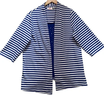 Quacker Factory Womens Attached Blouse Cardigan Size XL Blue White Stripe - Image 1 of 4