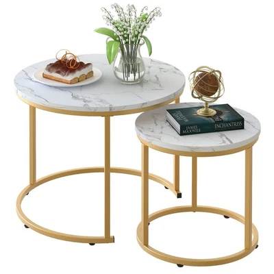 aboxoo Coffee Table Nesting White Set of 2 Side Set Golden Frame Circular and - Image 1 of 4