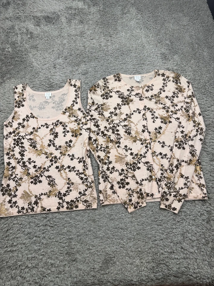 TSE Cashmere Sweater Women XL Pink Floral Vines Vest Cardigan 2pc Set - Image 1 of 4