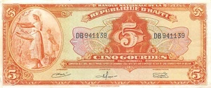 Haiti 5 Gourdes ND. 1967 Series DB Rare Circulated Banknote L09 - Picture 1 of 2