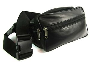 Unisex Soft Real Leather Bum Bag Fanny Pack Multi Zip Waist Money Pouch Security