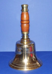LARGE VINTAGE BRASS SCHOOL BELL * Wooden Handle * 9.5" (24cm) Tall * Pub * - Picture 1 of 8