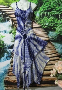 MEDIEVAL TIERED BLUE WHITE TIE DYE PIXIE CORSET LONG DRESS REG 10-14 88-96CMS - Picture 1 of 5