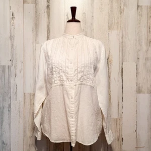 Vintage Elfenbein 100 % Leinen Nadelstreifen L Knopf Top Langarm Mandarinkragen - Bild 1 von 9