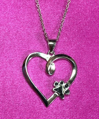 Sterling Silver Dog Paw Print Heart Necklace Black Spinel JTV 18+" 3g 925 5771 - Image 1 of 4