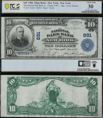 SC 1902 $10 Fr.624 National Park Bank New York Ch. # (E) 891 PCGS 30 VF (914) - Image 1 of 4