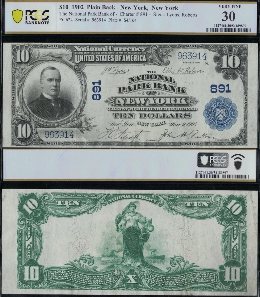 SC 1902 $10 Fr.624 National Park Bank New York Ch. # (E) 891 PCGS 30 VF (914) - Image 1 of 4