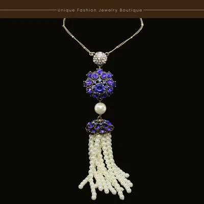 Collar Colgante Azul Borla Perla Larga Cristal Swarovski Chapado en Oro Regalo Mujer Foto 1 de 4