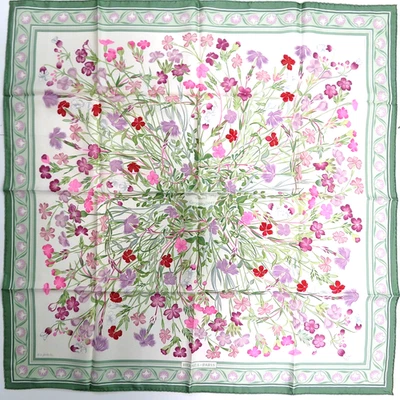 Auténtica bufanda HERMES "OEillets sauvages Caryophyllees" verde 100 % seda #62059 Foto 1 de 4