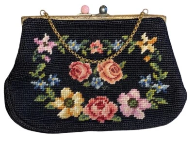 Vtg Christine Of Detroit Needlepoint Purse Floral Handbag Cross Black Art Deco - Image 1 of 4