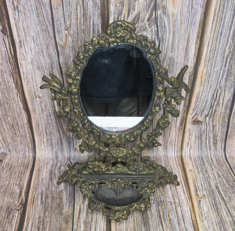 Vintage Vanity Table Cast Iron Oval Victorian Mirror Gold Color Flowers Birds Cover