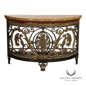Maitland Smith Marble Top Demilune Wrought Iron Console Table - Picture 1 of 18