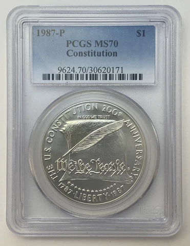1987-P Constitution Silver Dollar $1 PCGS MS70 Cover