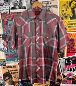 Vintage 90s Red Green Plaid Rustler Pearl Snap X-Long Tail Western Shirt Mens L - Picture 1 of 11