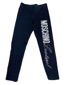 MOSCHINO KID Logo-Print w/Rhinestones Tapered Cotton Leggings Girls size 8, Blk - Picture 1 of 7