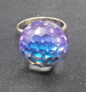 Vintage blau facettiert Kristall Glas Discokugel Prisma verstellbar silberfarben Ring - Bild 1 von 3