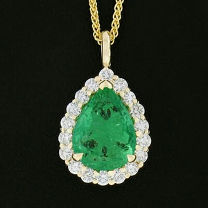 NEW 14k Gold SSEF Pear Teardrop Emerald Solitaire & Diamond Halo Pendant & Chain - Picture 1 of 8