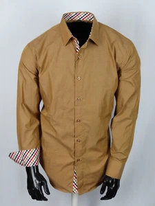 Mens Designer Tan Brown Plaid Cuff Collar Button Up Dress Shirt Classic Fit - Picture 1 of 4