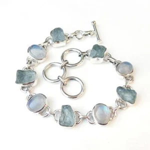 Natural Aquamarine & Moonstone Bracelet,925 Sterling Silver,Unisex Bracelet,Gift - Picture 1 of 6
