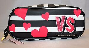 Victoria's Secret Cosmetic Bag Travel Case - Black & White Stripes w/ Red Hearts