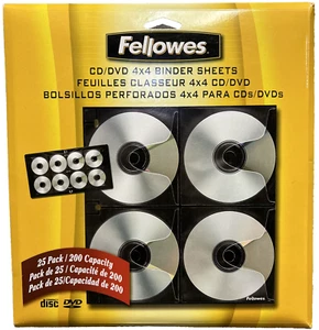 NEW Fellowes CD/DVD 4X4 Binder Sheets Double Sided Sleeves Holds 200 Discs - Picture 1 of 9