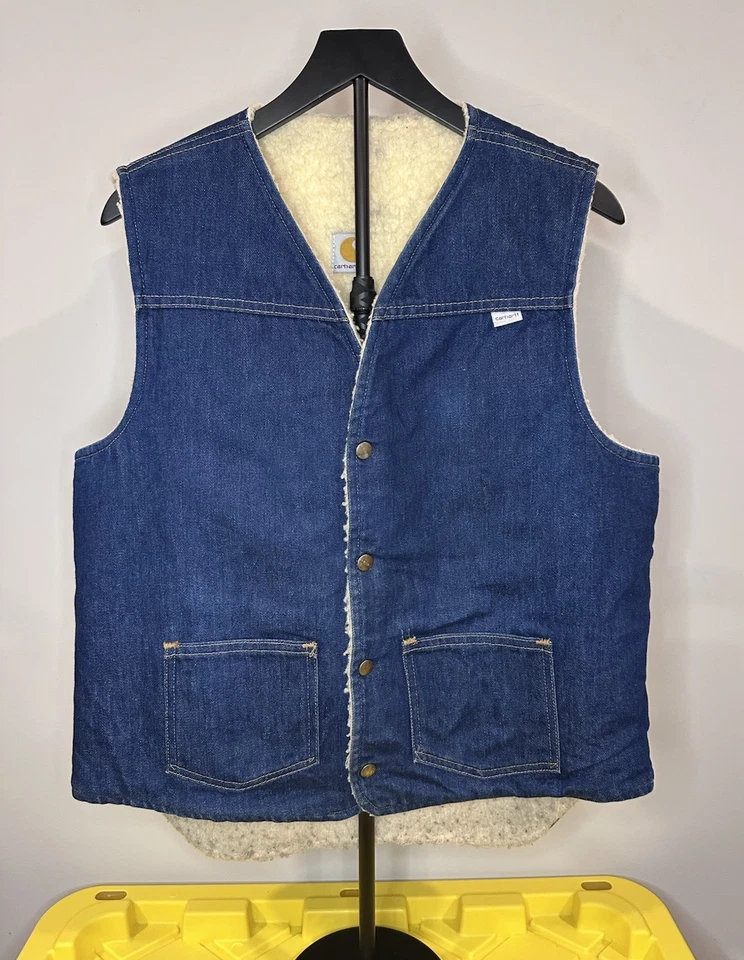 Chaleco de Colección Años 80 Carhartt Acero Azul Denim Estilo Occidental Forrado en Pila GRANDE ALTO Foto 1 de 4