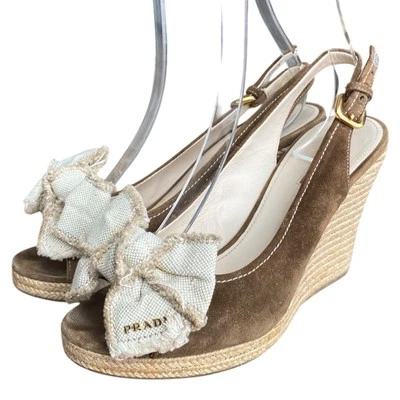 PRADA Beige Suede & Canvas Bow Peep Toe Espadrille Wedge Sandals, Size 39.5 - Image 1 of 4