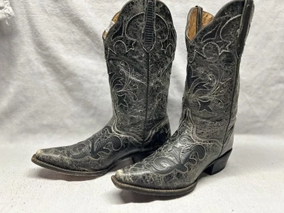 Bota de vaqueira J.B. Dillon feminina 10 B couro preto desgastado com incrustações quadradas - Imagem 1 de 4