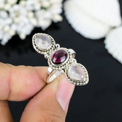 Rose Quartz & Garnet Ring 925 Sterling Silver Statement Boho ring Gift for Her - Image 1 of 4