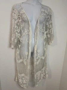 Dizzy Gal Lace Kimono Duster Cover Up Top Long Line Size 1X Ivory Festival Girly - Picture 1 of 7