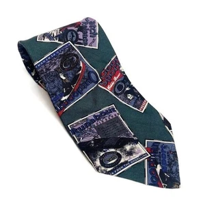 Vtg EDDIE BAUER Green Silk Adventure Outdoors Poster Stamp Neck Tie Made In USA - Picture 1 of 7
