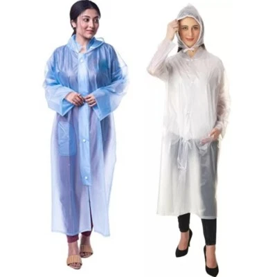 WOMEN TRANSPARENT RAINCOAT BLUE/WHITE LIGHTWEIGHT WITH HOOD XL SIZE  PACK OF 2 - Image 1 of 4
