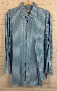 PETER MILLAR cotton check light blue white button down dress mens shirt L NWOT - Picture 1 of 7