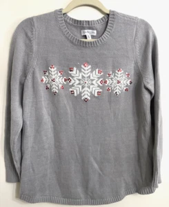 Gray Cotton Sweater Kim Rogers Petite Snowflakes White Red Sequins Sz M Winter - Picture 1 of 12