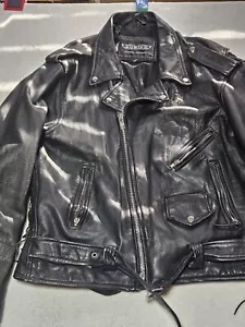 Vintage Unik Leather Motorcycle Jacket Men 48 Black Biker Heavy Zip 90s D Pocket - Picture 1 of 18
