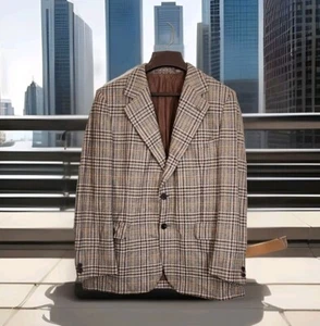 Aquascutum 70s Pure Wool Tweed Plaid Notch Lapel Blazer Coat Preppy Academ - Picture 1 of 16