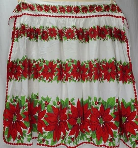 Vintage Christmas Apron Poinsettias Red Rick Rack Green Large Half Waist Tie - Picture 1 of 9