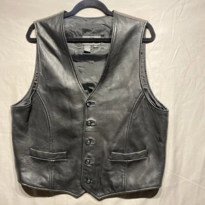 Vtg 90's Black Leather Vest Geoffrey Beene wool biker motorcycle casual Sz M - Picture 1 of 8