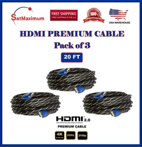 3-Pack - 20FT HDMI 4K Premium Braided Cable 60Hz 1080P HDTV 3D Xbox PS5 Cord - Picture 1 of 7