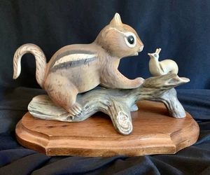Vintage Masterpiece Porcelain By HOMCO Chipmunk and Snail Figurine w/Wooden Base - Picture 1 of 5