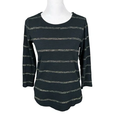 Camisa Top Tommy Bahama XS Negra Mezcla Algodón Dorado Brillante Rayas Manga 3/4 Foto 1 de 4