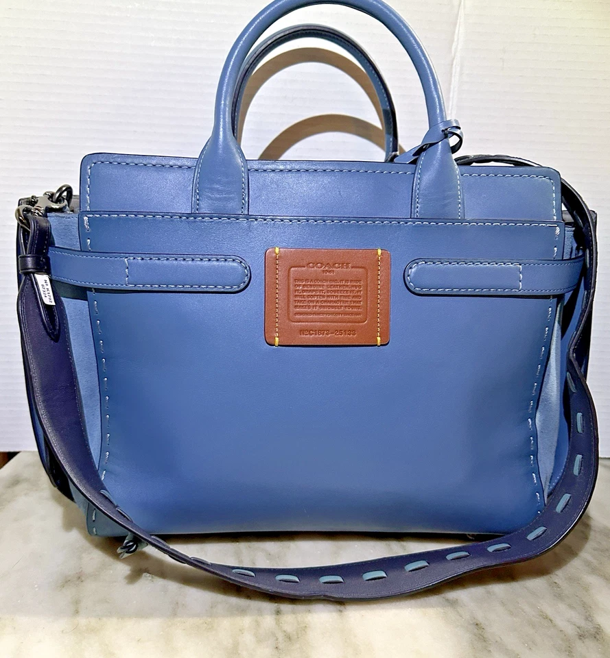 Bolso de Mano Coach 1941 Doble Swagger Cuero Azul Cambray Correa Piel de Serpiente Foto 1 de 4