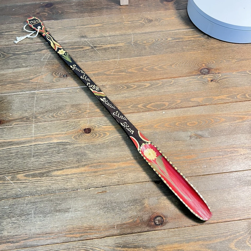 Swedish Shoe Horn 1954 Vintage Hand Carved Wooden Hand Painted - Image 1 of 4