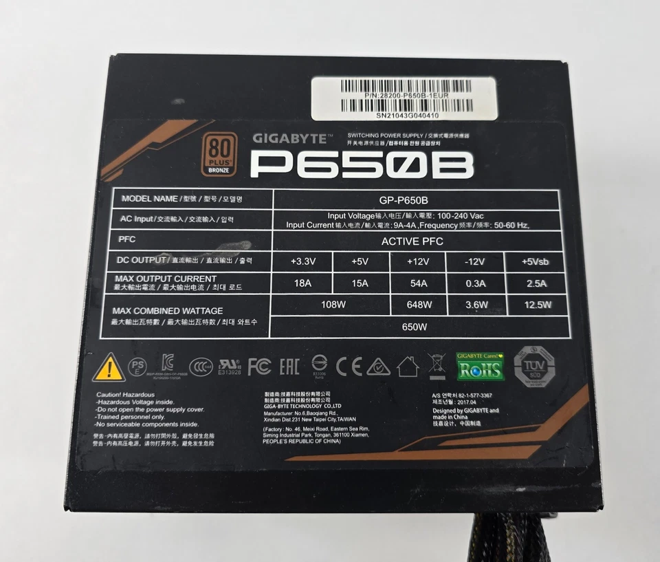 650 Watt PC Netzteil Gigabyte Alimentatore P650B 650W Bronze - Bild 1 von 2