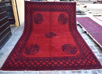 7x10 Hand Knotted Afghan Bukhara Area Rug Red Tribal Geometric Living Room Rug - Image 1 of 4
