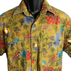 Vintage Fulton Street Hawaiian Camp Shirt M Tan Floral Toucan Button Up